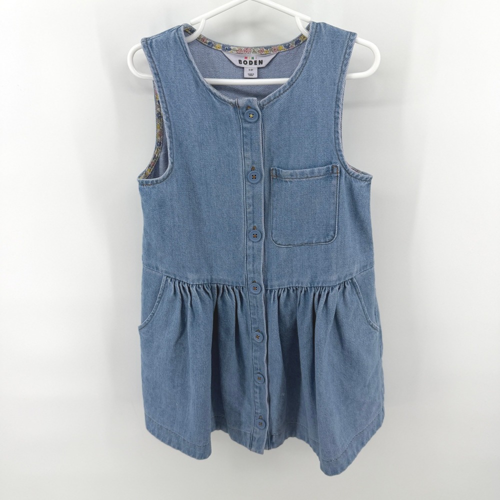 Mini Boden Denim Dress Button Front 5-6Y Blue Girls Pinafore Casual Everyday